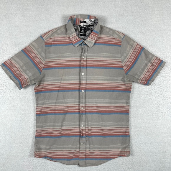 Volcom Shirt Mens Medium Slim Fit Gray Striped Surf Skate Casual Travel Workwear - Picture 1 of 13